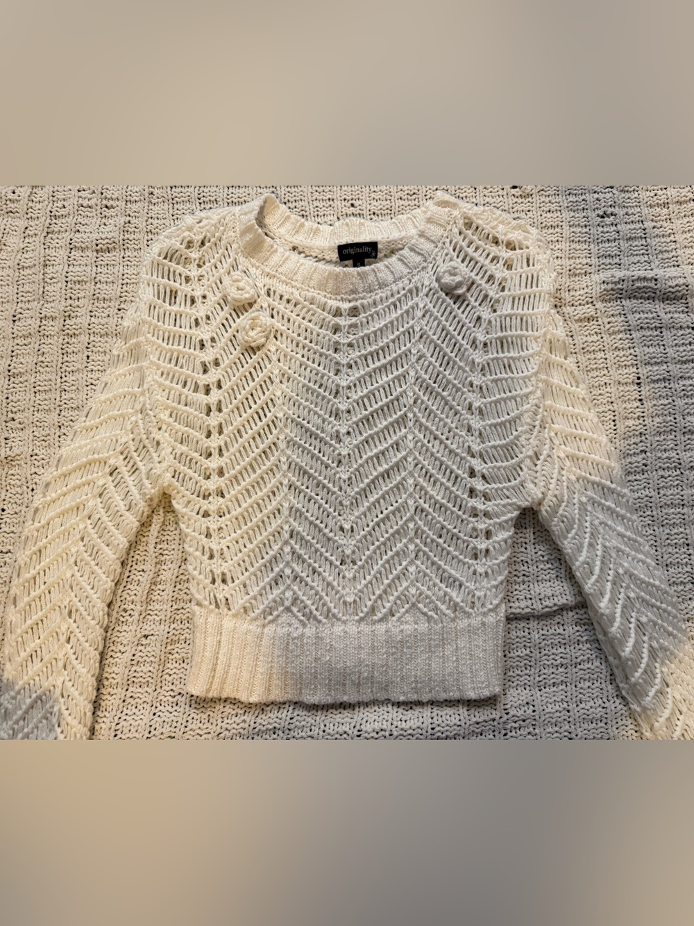 Originality Cream Open-Weave Chevron Pullover Sweater